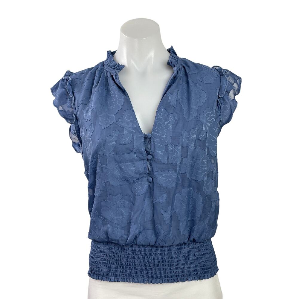 Haver Women's Blue Floral Embroidered Ruffle V Neck Smocked Blouse Top Size M